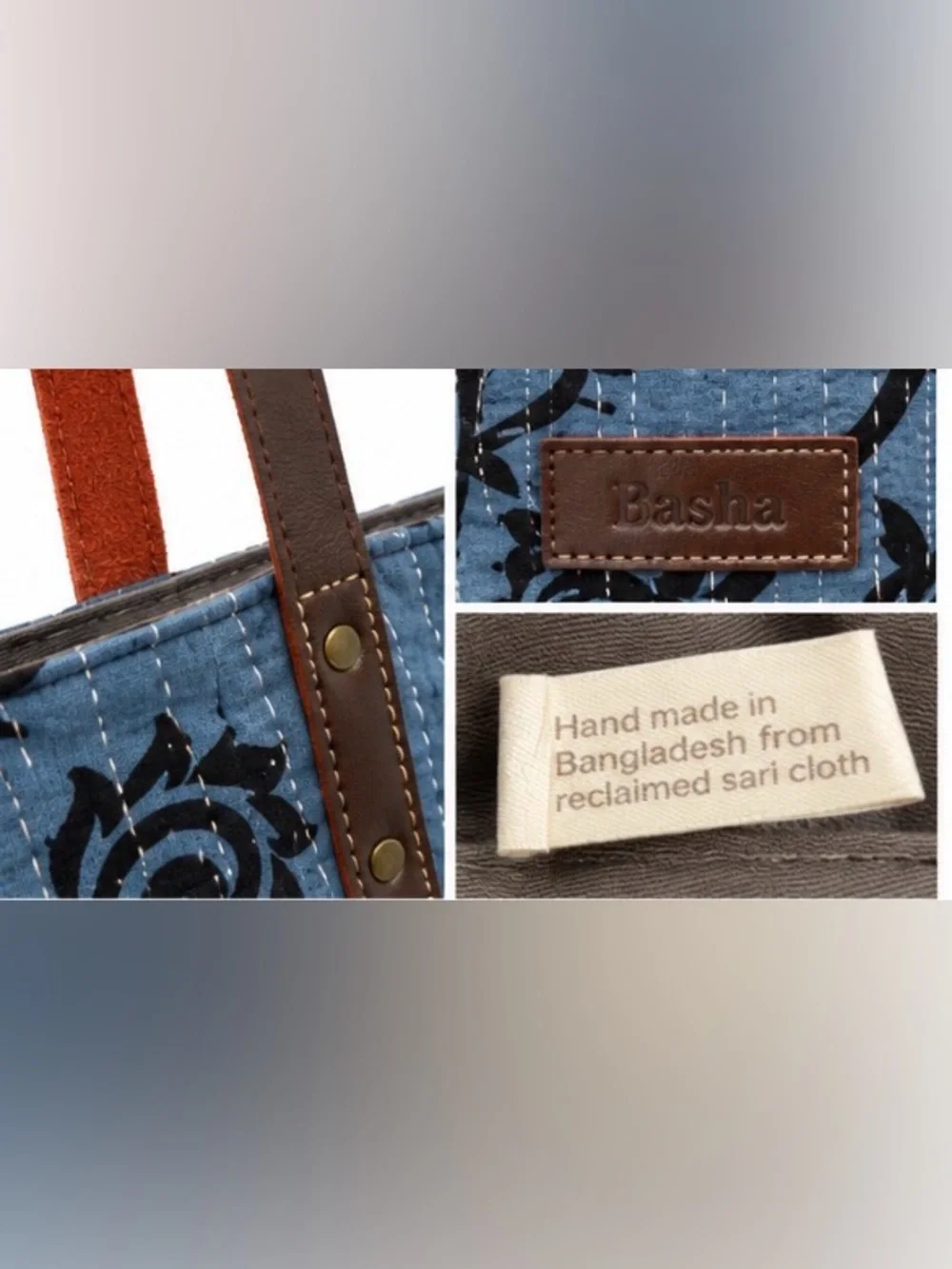 Basha Handmade Reclaimed Sari Cloth Quilted Tote Bag Blue Floral Leather Straps